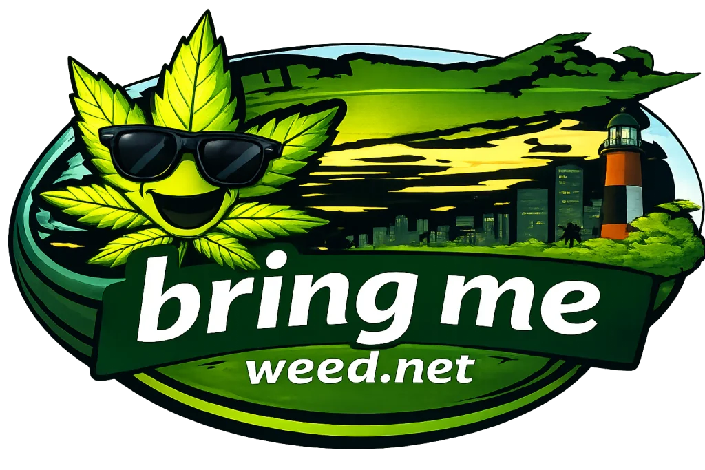 A smiling marijuana leaf wearing sunglasses, with a city skyline, lighthouse, and sunset in the background. Text reads “bring me weed.net – cannabis delivery NYC & Long Island.”.