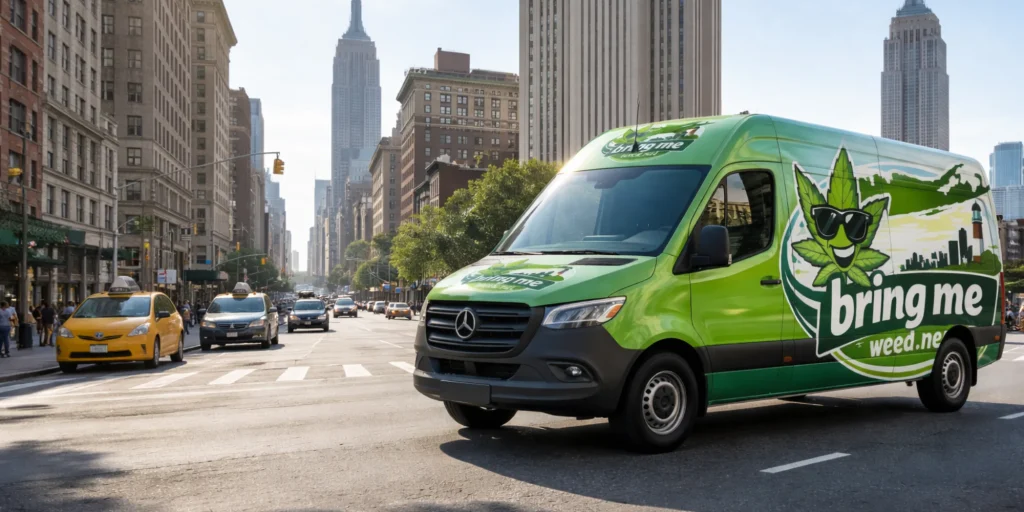 Green cannabis delivery van driving through New York City.