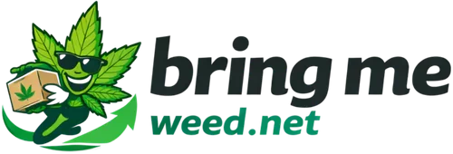 Logo features a smiling, sunglasses-wearing cartoon cannabis leaf holding a box with a cannabis leaf symbol. Text reads "bring me" in black and "weed.net" in green, highlighting NY cannabis delivery NYC & Long Island.