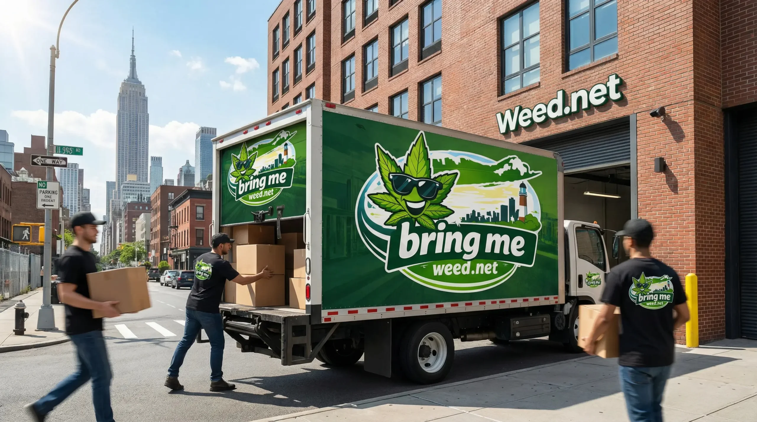 Two workers unload cardboard boxes from a green "bring me" cannabis delivery NYC & Long Island truck, parked outside a Weed.net storefront in an urban NY setting with city buildings in the background.