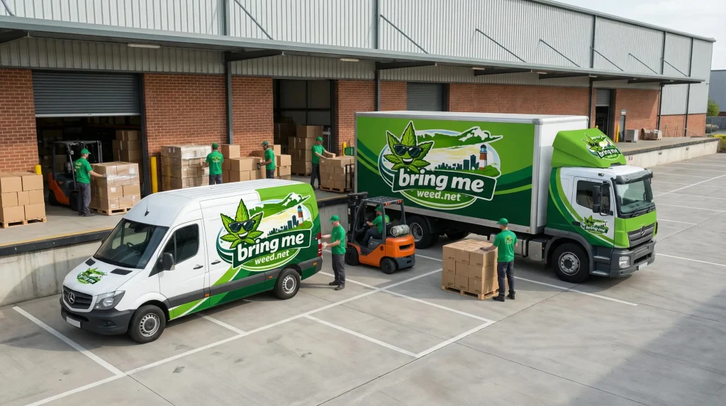 Several workers in green shirts unload boxes from a warehouse into vans and trucks branded with "bring me weed.net" and a cannabis leaf logo, highlighting NY cannabis delivery for NYC & Long Island in a busy loading dock area.