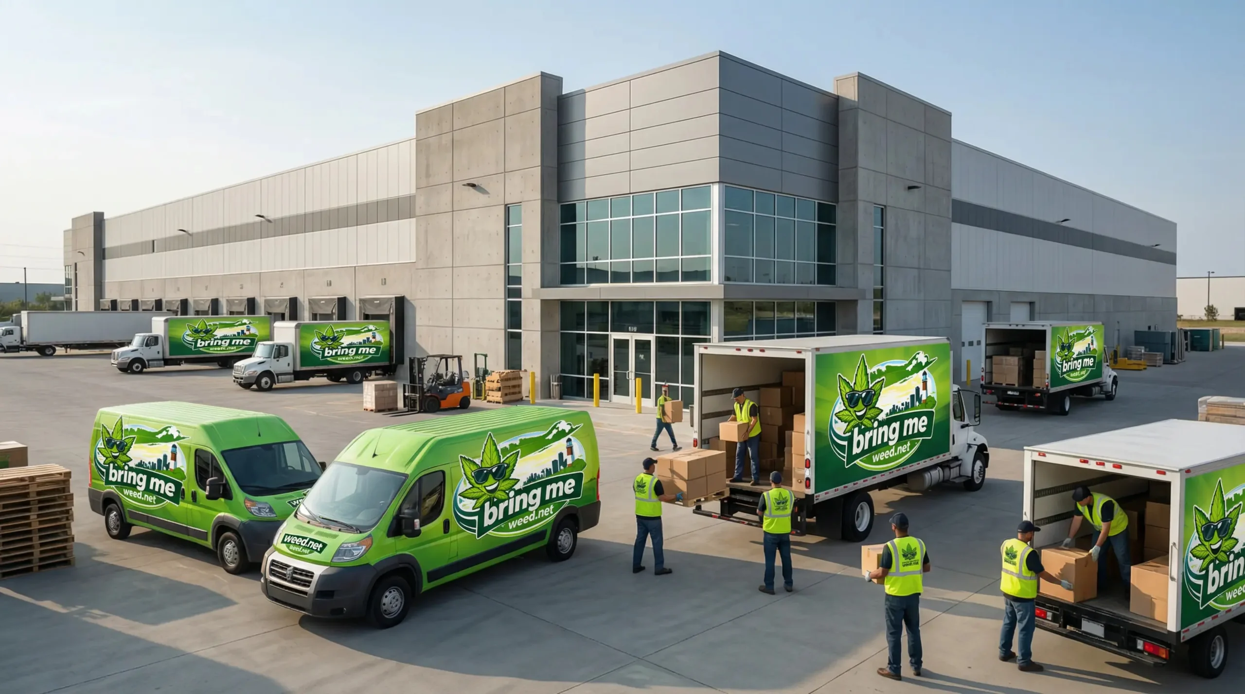 Workers in yellow vests unload and load boxes from green "bring me" cannabis delivery NYC & Long Island, NY trucks outside a modern warehouse with glass windows. Several vehicles are parked nearby.