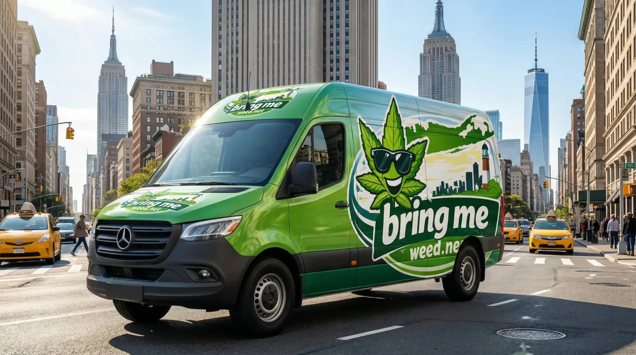 Green cannabis delivery van in busy New York City street.