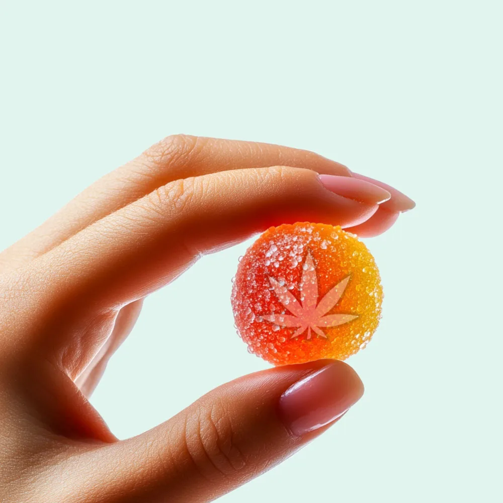 A hand with manicured nails holds a sugar-coated gummy candy featuring a cannabis leaf symbol, against a light background—highlighting the tasty options available through cannabis delivery NYC & Long Island, NY.
