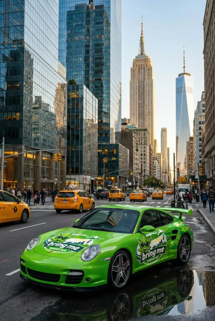 Bright green promotional car on a busy street in Manhattan, NYC with tall skyscrapers and taxis.
