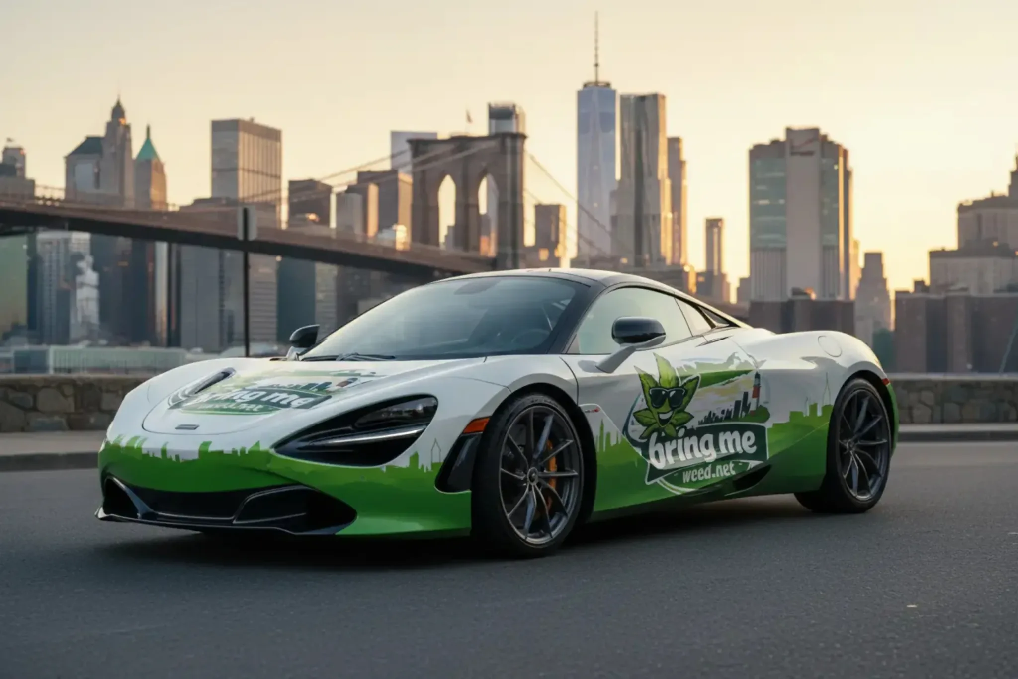 Custom wrapped sports car parked in front of the Brooklyn skyline.