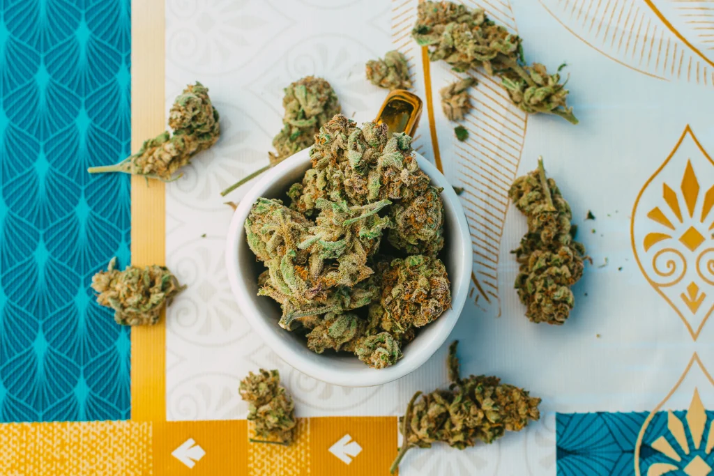 A white cup filled with dried cannabis buds sits on a colorful patterned surface, with more buds scattered around the cup—perfect for those seeking cannabis delivery in NYC & Long Island, NY.