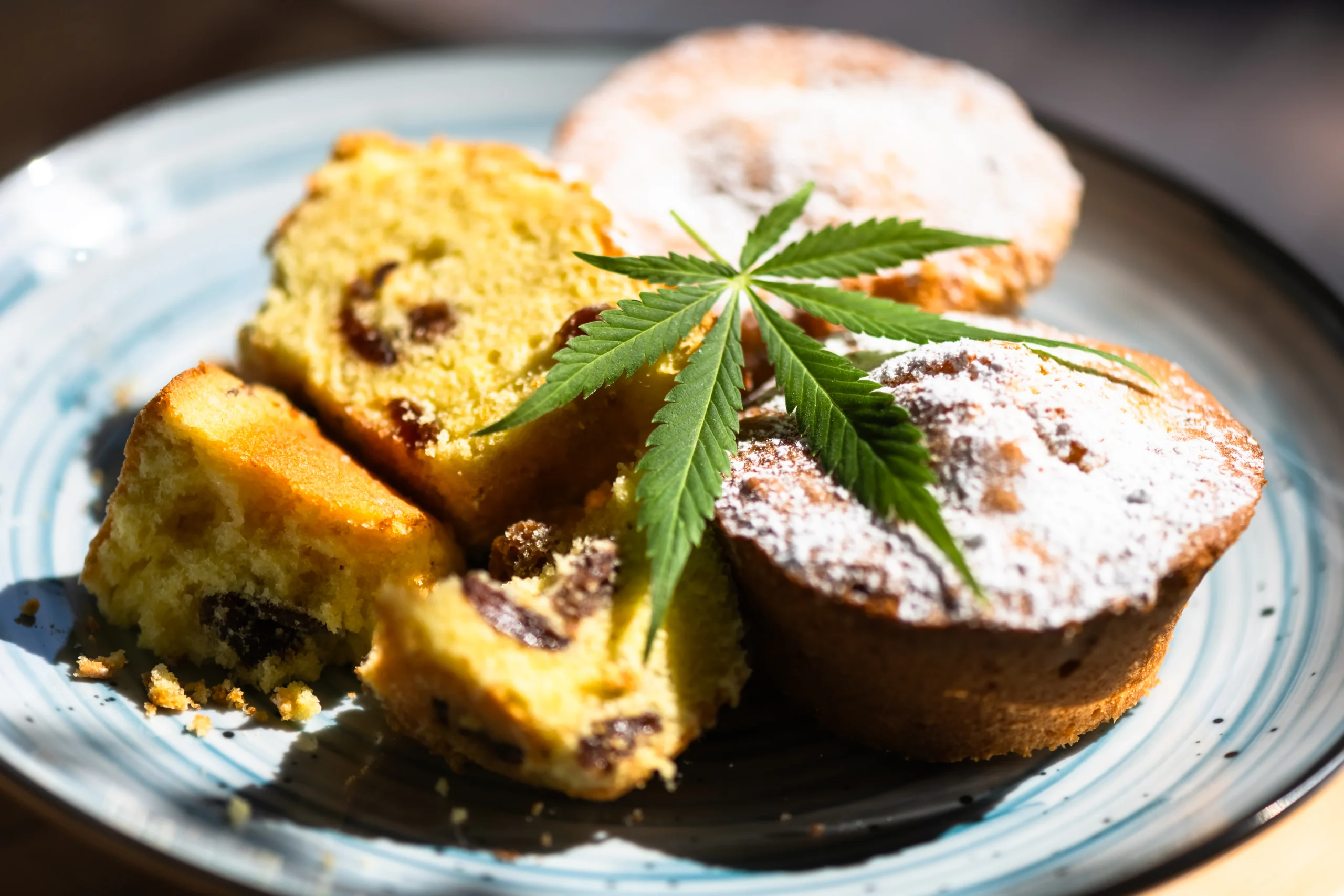 A plate with muffins and slices of cake containing raisins, dusted with powdered sugar, is decorated with a cannabis leaf on top&mdash;a sweet treat inspired by NY&rsquo;s finest cannabis delivery NYC & Long Island services.