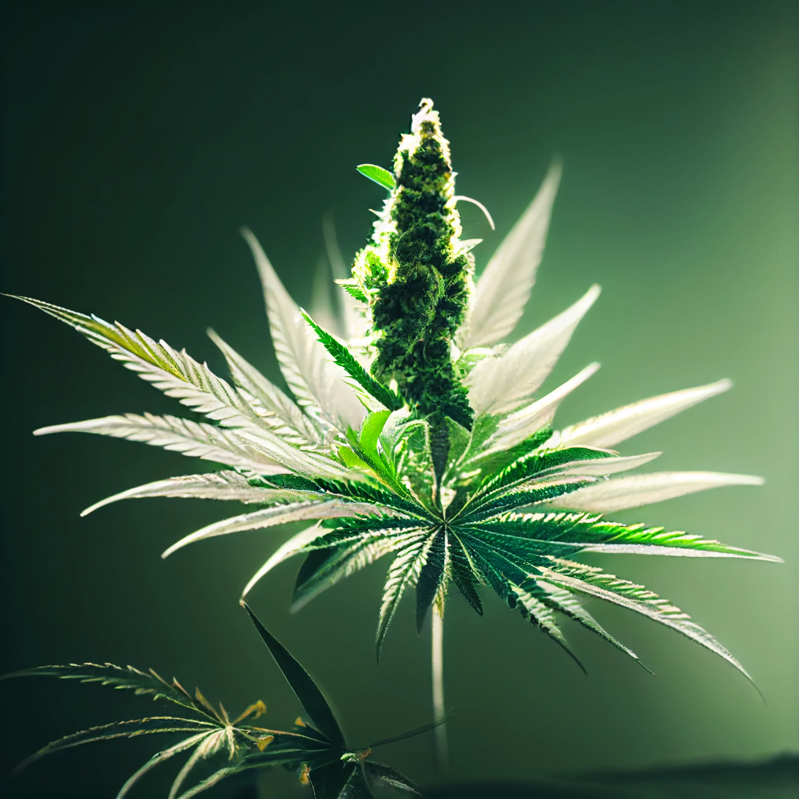 A close-up of a healthy cannabis plant with pointed green leaves and a dense, flowering bud, illuminated by soft light against a dark green background—perfectly capturing the quality behind cannabis delivery NYC & Long Island.