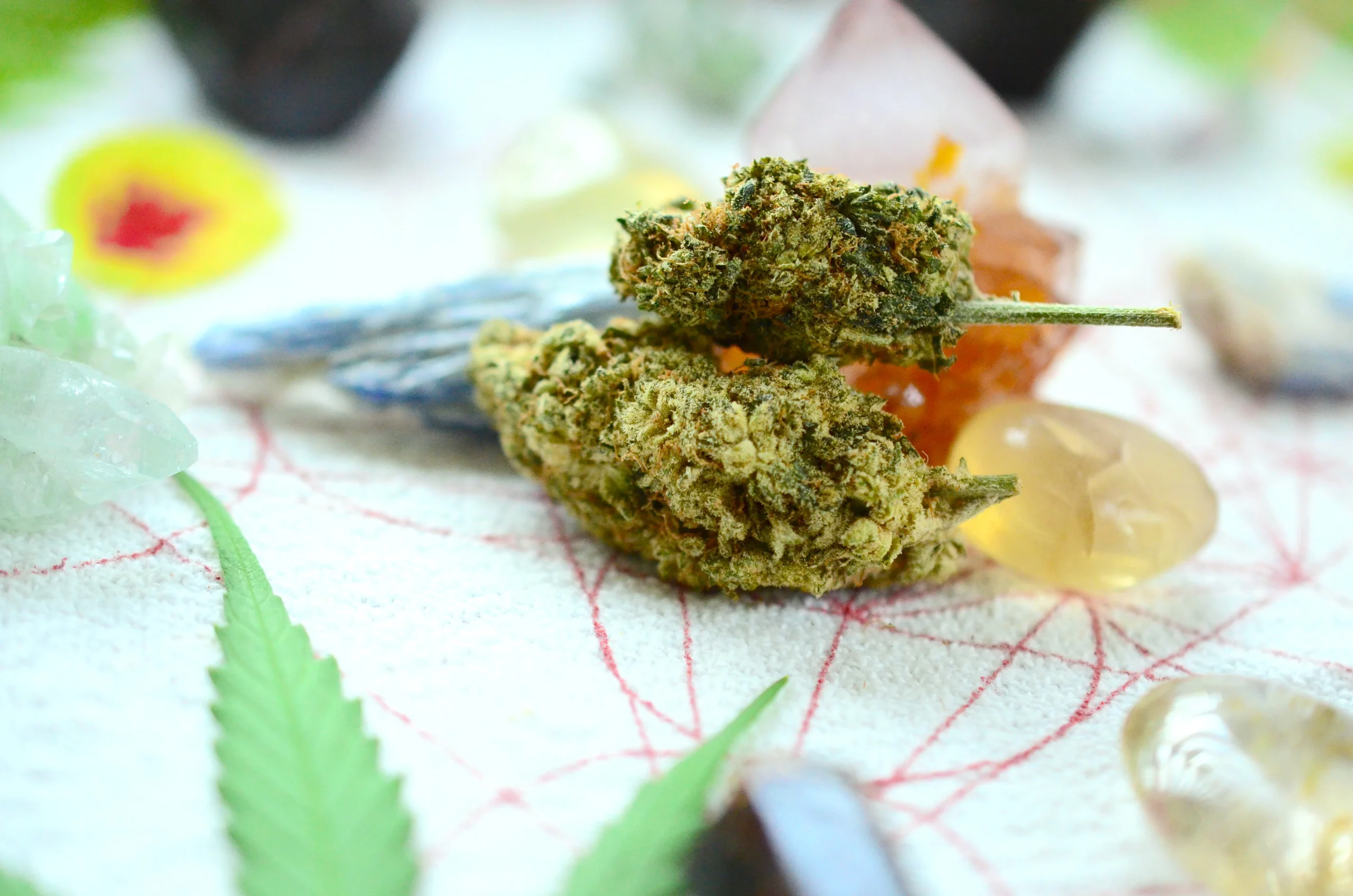 Close-up of two cannabis buds on a patterned surface, surrounded by colorful crystals and green leaves. The softly blurred background highlights the texture&mdash;perfect for those seeking cannabis delivery NYC & Long Island, NY.