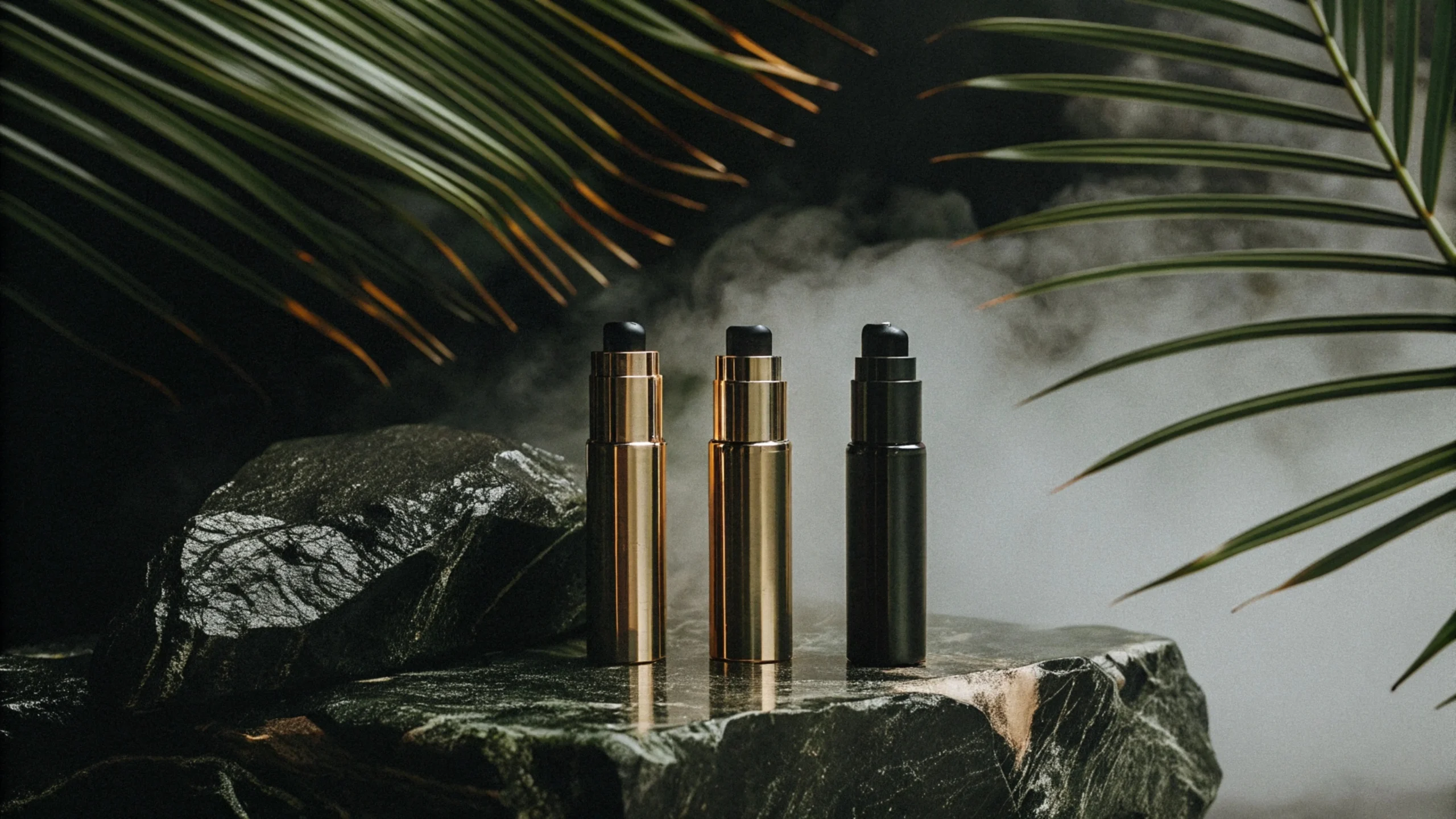 Three sleek metallic vape pens&mdash;gold, silver, and black&mdash;stand upright on a dark stone surface with mist and lush palms in the background, evoking a dramatic tropical vibe. Perfect for cannabis delivery NYC & Long Island, NY.