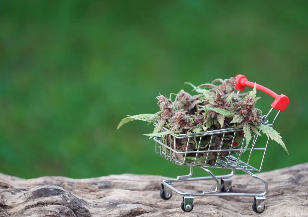 A small shopping cart filled with cannabis buds sits on a textured wooden surface, with a blurred green background.