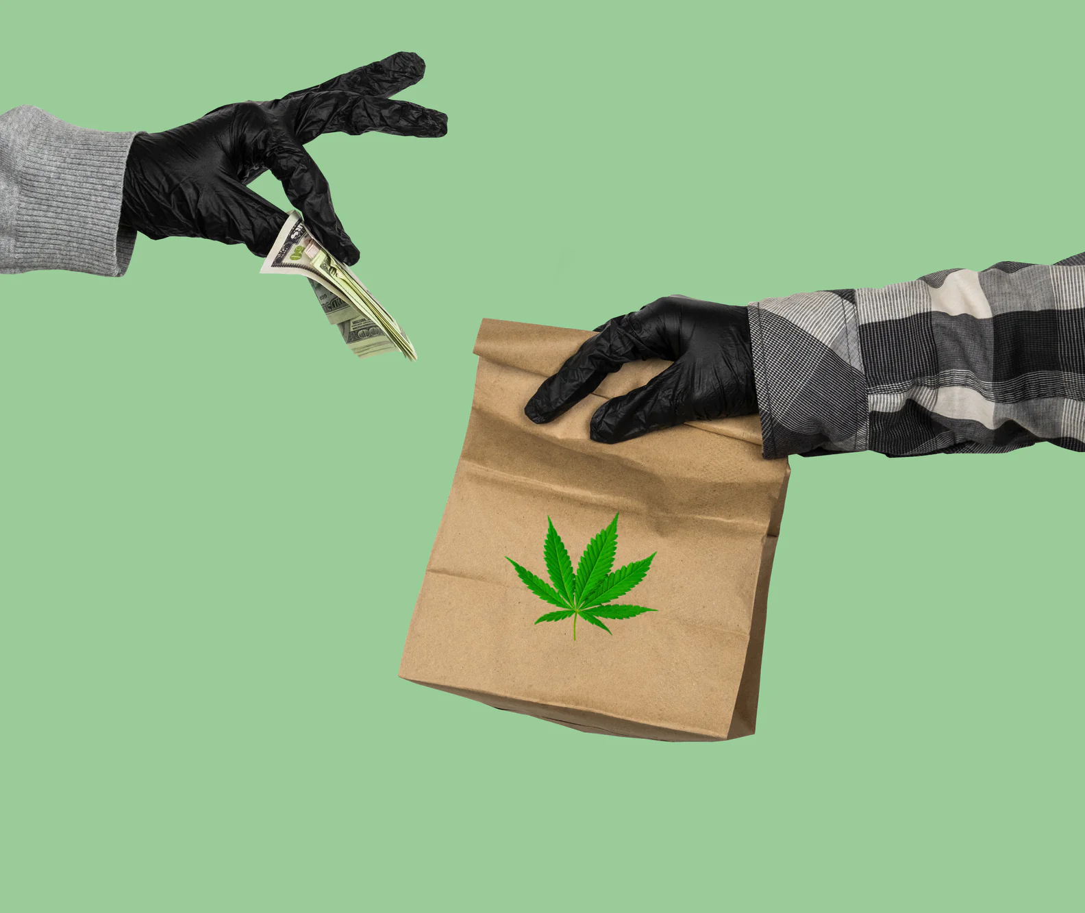 Two hands wearing black gloves exchange cash and a paper bag with a green marijuana leaf printed on it, against a plain light green background.