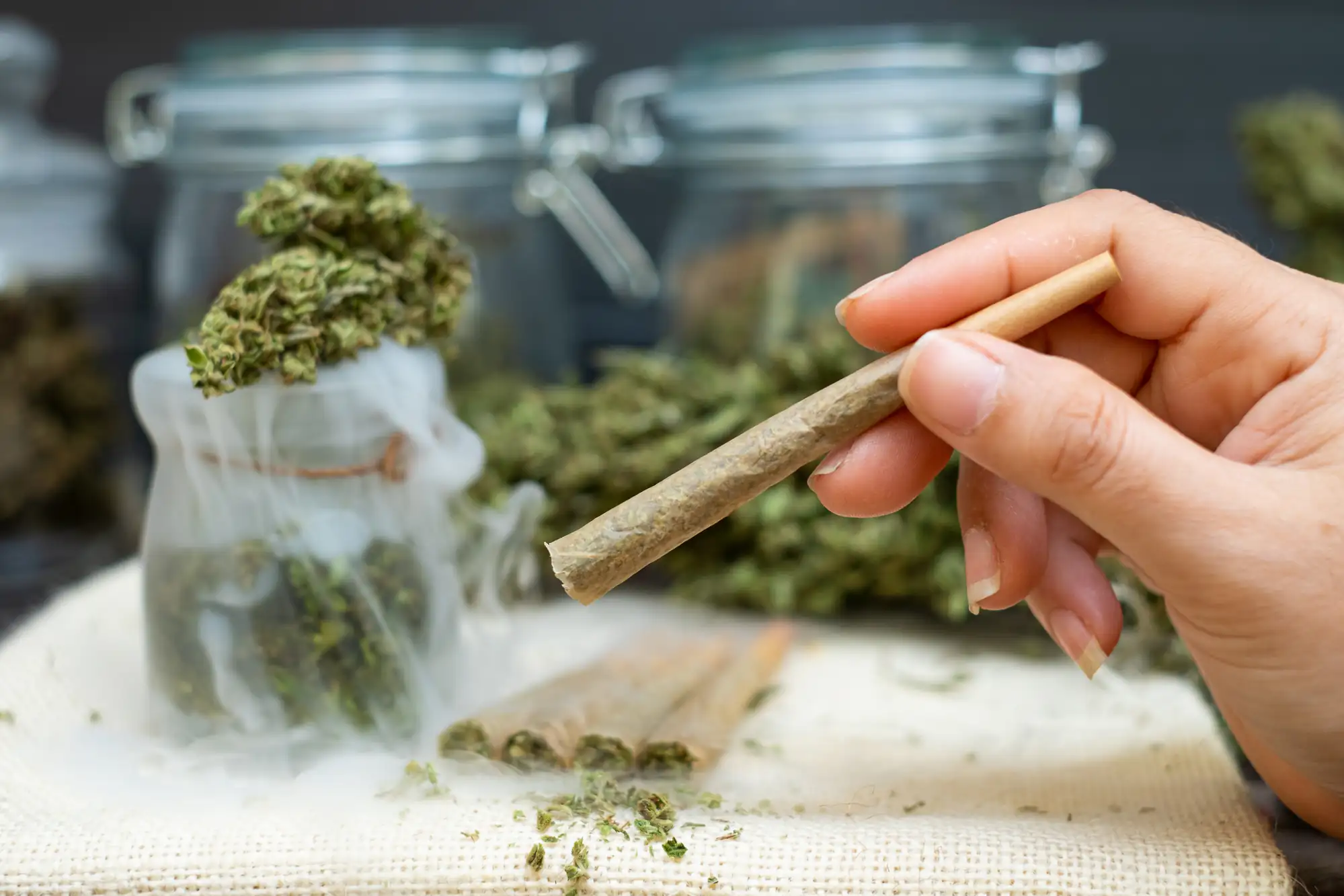 A hand holding a rolled joint with cannabis buds and jars filled with marijuana in the background, on a light-colored surface.