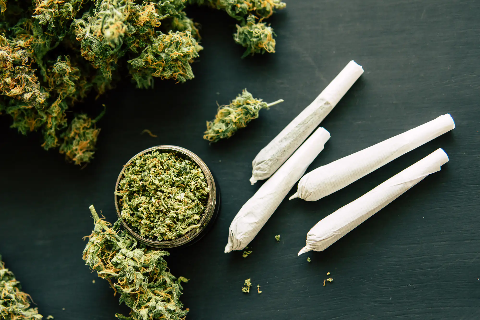 Loose cannabis buds, a grinder containing ground cannabis, and three rolled joints are arranged on a dark surface.