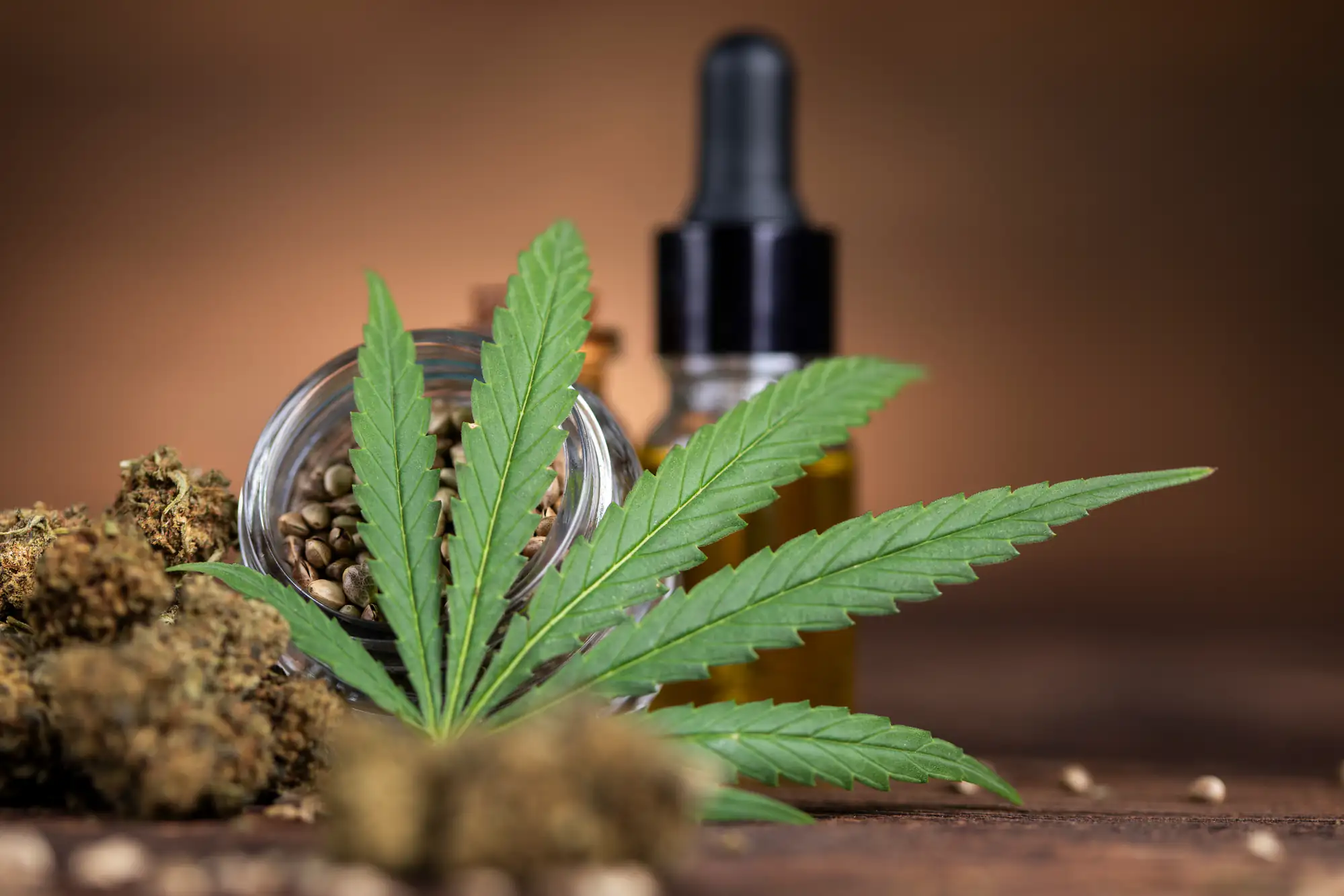 A cannabis leaf in focus with dried buds, seeds in a glass jar, and a dropper bottle of oil in the background on a wooden surface.
