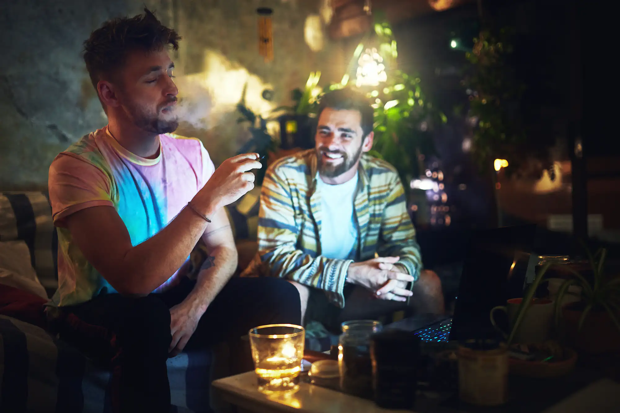 Two men sit together in a dimly lit, cozy room with plants and candles; one smiles warmly while the other holds a vape and looks thoughtful.