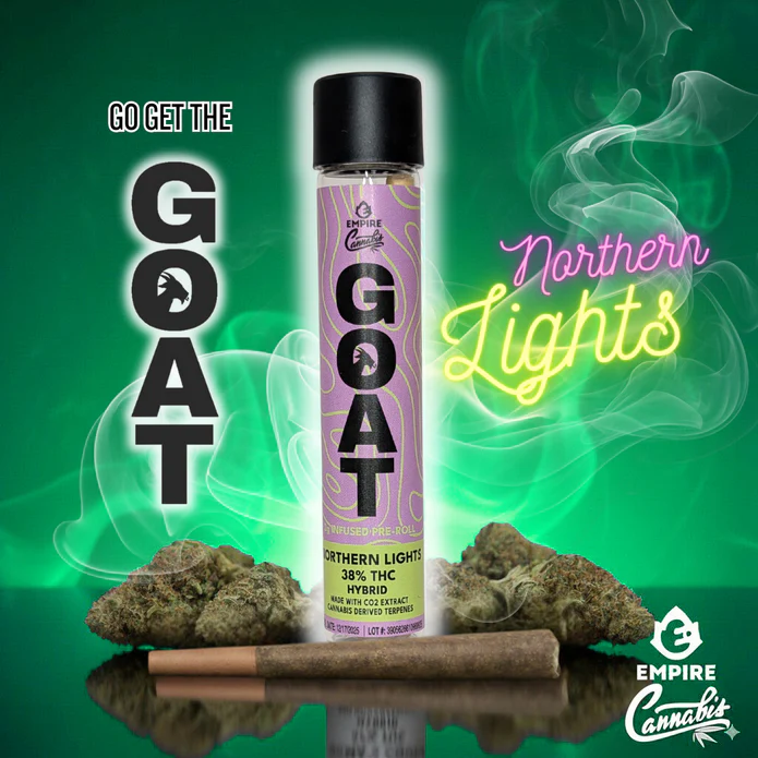 A vape cartridge labeled "GOAT Northern Lights" stands upright with cannabis buds and a blunt in front. Smoky green background with "Go Get the GOAT" and "Northern Lights" in neon text, plus the Empire Cannabis logo.