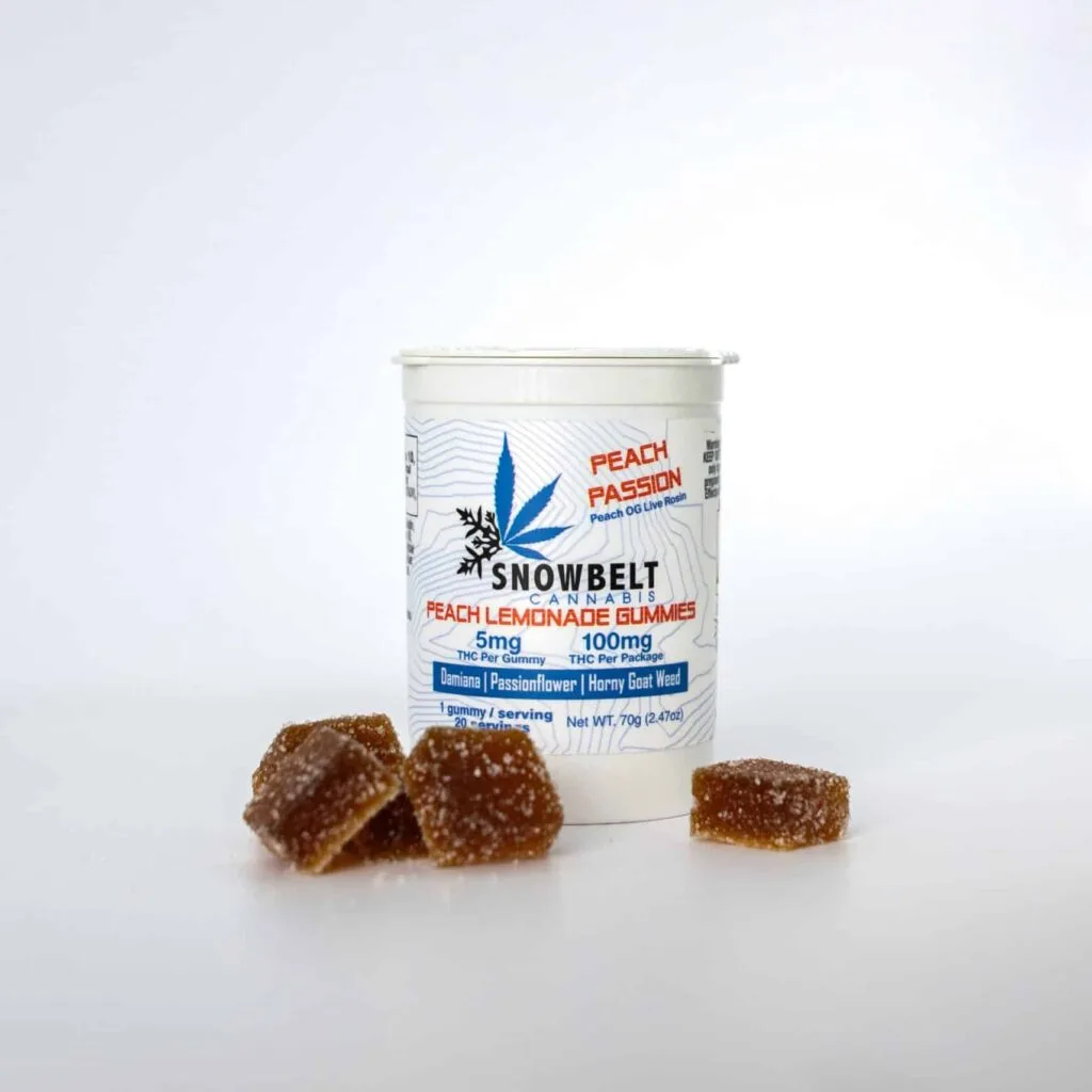 A white container labeled "Snowbelt Cannabis Peach Passion Peach Lemonade Gummies" stands upright, with several sugar-coated gummies arranged in front of it on a white background.