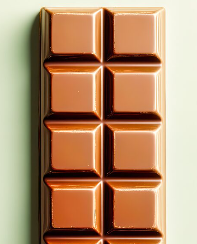 A close-up of a smooth milk chocolate bar with ten rectangular segments, set against a light-colored background.