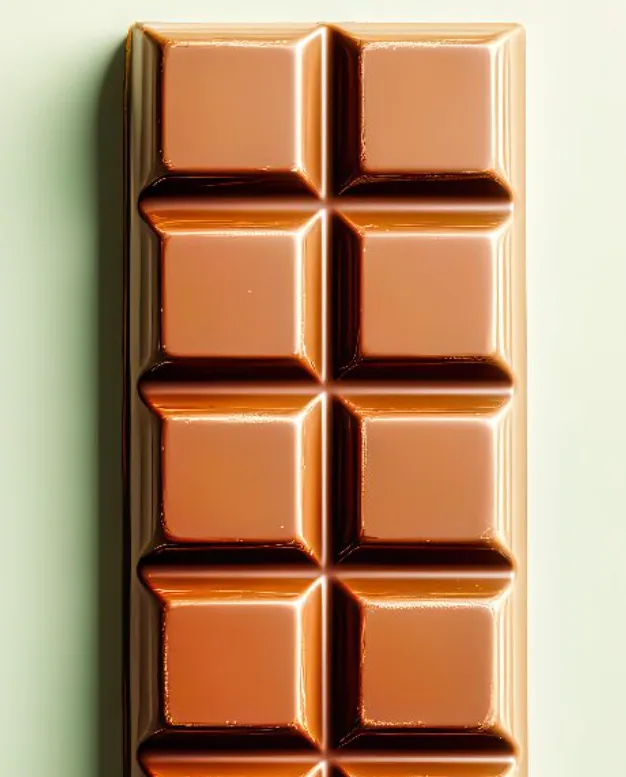 A close-up of a smooth milk chocolate bar with ten rectangular segments, set against a light-colored background.
