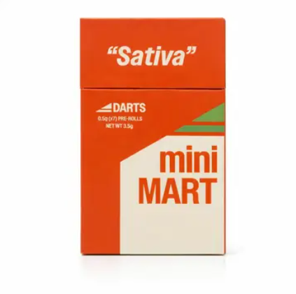 A red and cream box labeled "Sativa" at the top, "DARTS" on the left, and "mini MART" in large text on the front, containing 0.5g pre-rolls with a net weight of 3.5g.