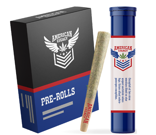 A black box labeled "American Legacy Pre-Rolls" with a white eagle logo, a pre-rolled joint, and a blue tube container with the same branding and some text on the label.