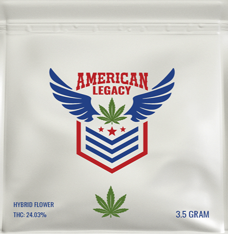A sealed white pouch displays "American Legacy" in red text above blue wings and a green cannabis leaf, with red stars and blue stripes below. "Hybrid Flower," "THC: 24.03%" and "3.5 Gram" are printed at the bottom.