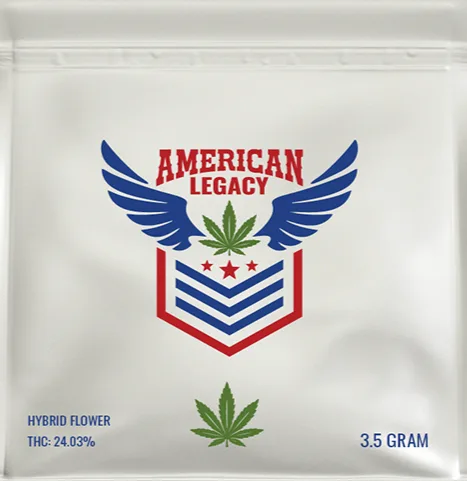 A sealed white pouch displays "American Legacy" in red text above blue wings and a green cannabis leaf, with red stars and blue stripes below. "Hybrid Flower," "THC: 24.03%" and "3.5 Gram" are printed at the bottom.