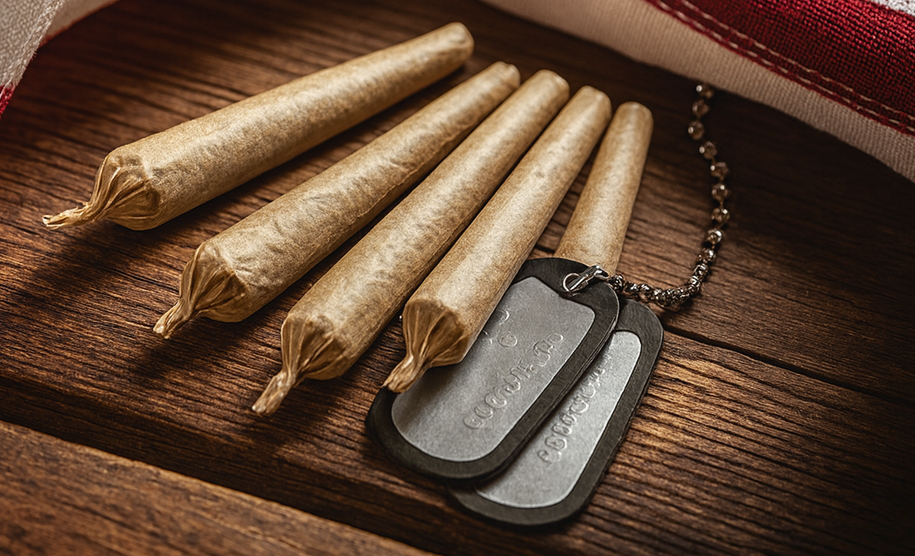 Five rolled joints are laid out on a wooden surface next to a set of military dog tags, partially covered by a folded American flag.