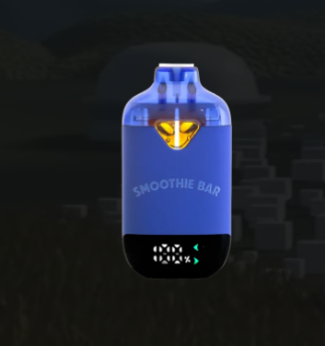 A blue and black vape device labeled “SMOOTHIE BAR” with a yellow light and small digital display, shown against a dark, blurry background.
