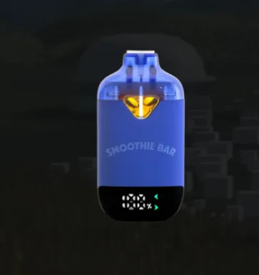 A blue and black vape device labeled “SMOOTHIE BAR” with a yellow light and small digital display, shown against a dark, blurry background.