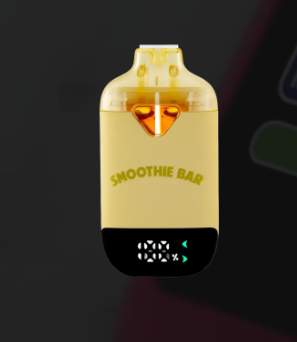 A yellow, rectangular vape device labeled "SMOOTHIE BAR" with a transparent top and a digital display showing "0%" on the black bottom section.