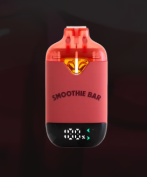 A red vaping device labeled "Smoothie Bar" with a glowing yellow light near the mouthpiece and a digital display showing "0%" at the bottom.