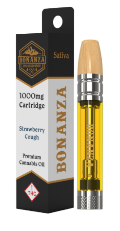 A box and vape cartridge for Bonanza Cannabis Company. The box reads "1000mg Cartridge, Strawberry Cough, Premium Cannabis Oil, Sativa," with a THC symbol. The cartridge contains yellow oil and a wooden mouthpiece.