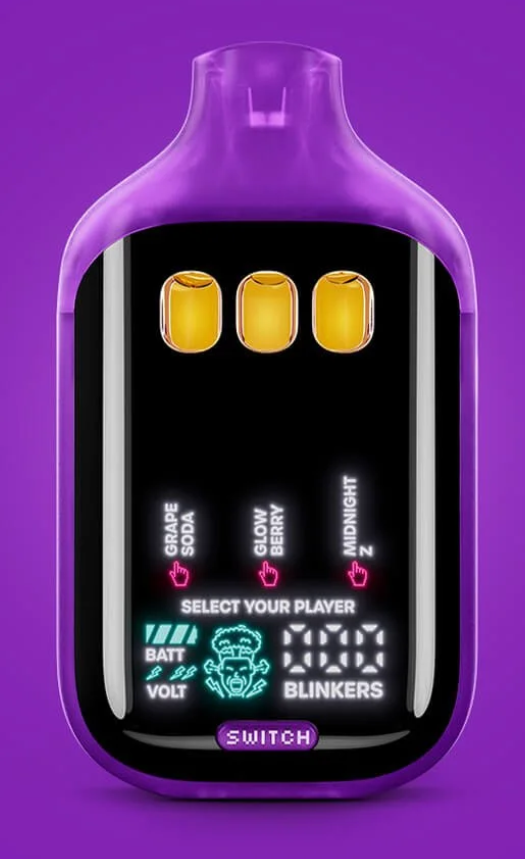 A purple and black electronic device with three gold buttons on top and neon labels for flavors: Grape Soda, Glow Berry, and Midnight. There are icons and text for battery, voltage, blinkers, and a switch button.