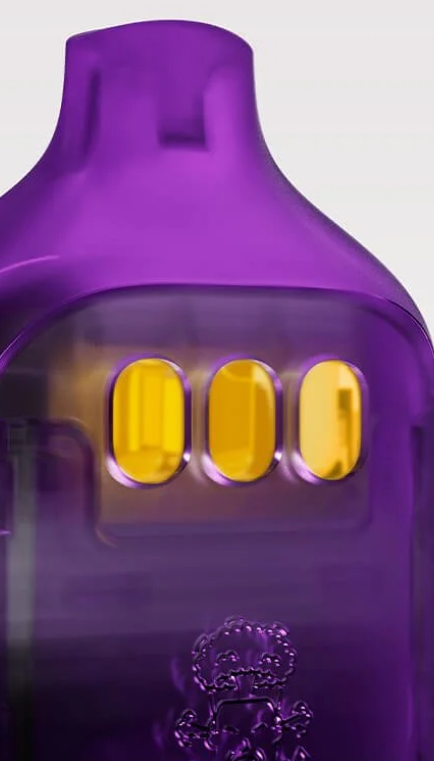A close-up of a translucent purple bottle with three yellow rectangular windows and an embossed design near the bottom, set against a plain light background.