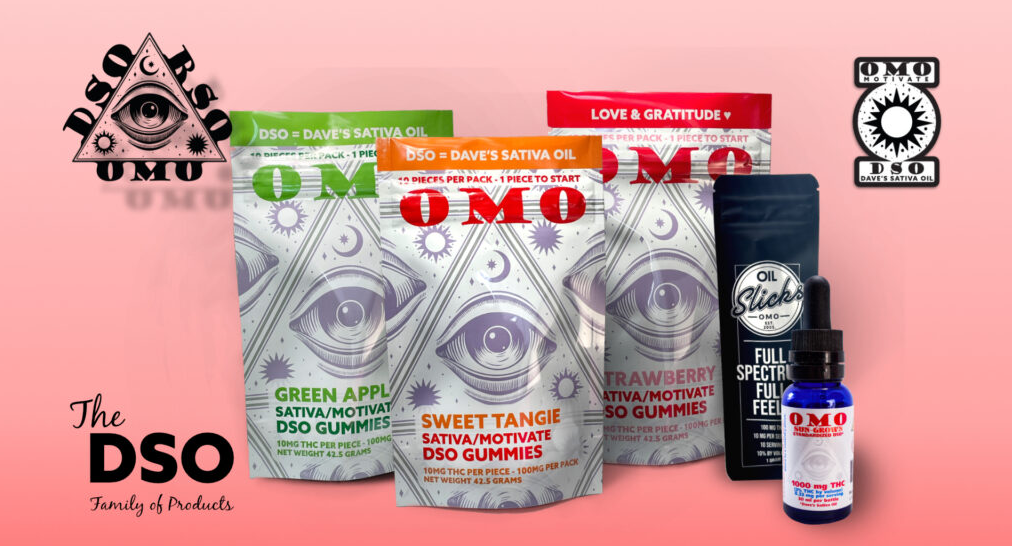 A display of DSO/OMO products, including three colorful bags of cannabis gummies and a blue tincture bottle, all featuring eye and triangle designs, against a pink background with DSO/OMO logos.