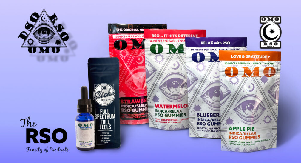 A display of OMO RSO cannabis product packaging, including colorful pouches labeled with flavors (Strawberry, Watermelon, Blueberry, Apple Pie), a dropper bottle, and a tube, all featuring an eye logo and "RSO" branding.
