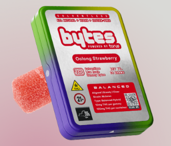 A rectangular tin labeled "bytes" with "Oolong Strawberry" flavor, featuring a pink THC gummy partly out of the tin. The packaging is colorful with product details and a QR code on the front.