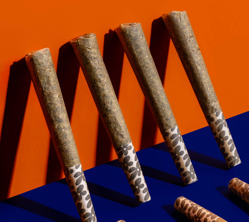 Four pre-rolled joints with patterned filters are arranged diagonally on an orange and blue background, casting long shadows.