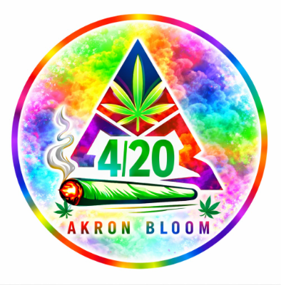 A colorful circular logo with a rainbow smoke background, a triangle featuring a marijuana leaf, "4/20" text, a lit joint, and "Akron Bloom" written at the bottom with small cannabis leaves.