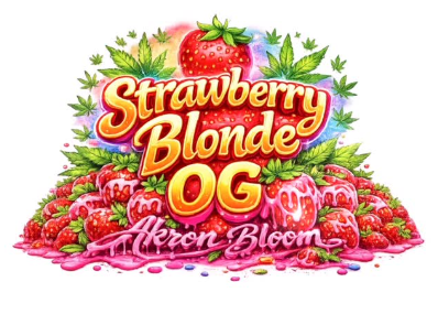 Colorful illustration of strawberries with cannabis leaves, featuring the text "Strawberry Blonde OG Akron Bloom" in bold, decorative lettering on a background of dripping pink juice.