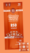 Cheeba Chews RSO Infused chocolate taffy 10-pack in orange packaging, featuring cannabis and dosage information, with one unwrapped piece shown in front.