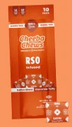 Cheeba Chews RSO Infused chocolate taffy 10-pack in orange packaging, featuring cannabis and dosage information, with one unwrapped piece shown in front.