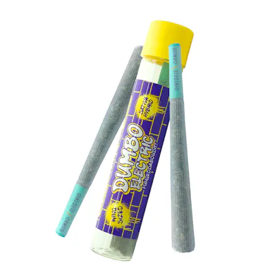 Two pre-rolled joints with light blue tips and a yellow-capped tube labeled "Dumbo Electric" on a purple and yellow background. The tube is tilted with one joint inside and one leaning against it.