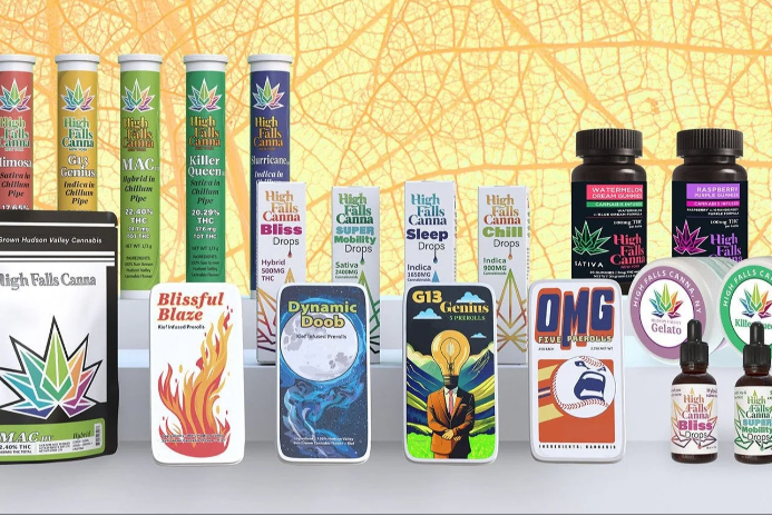 A display of various High Falls Canna CBD and cannabis products, including gummies, tinctures, pre-rolls, and topical creams, all with colorful labels, arranged in front of a yellow leaf background.