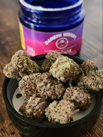Several cannabis buds rest on a black lid in the foreground, with a purple and pink-labeled container marked "Rainbow Sherbert" open in the background on a wooden surface.