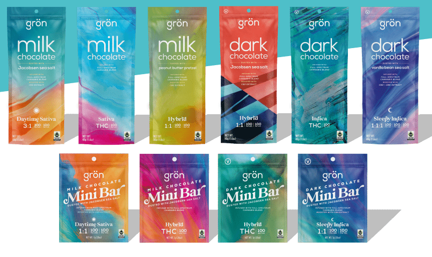 Ten colorful packages of Grön chocolate edibles are displayed in two rows. Flavors include milk and dark chocolate with various infusions, such as sea salt, peanut butter pretzel, and mini bars, each labeled with THC and CBD content.