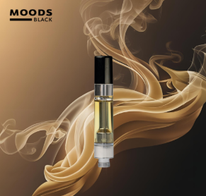 A vape cartridge filled with golden liquid is centered in front of swirling gold and brown smoke patterns. The words "MOODS BLACK" appear in the top left corner.